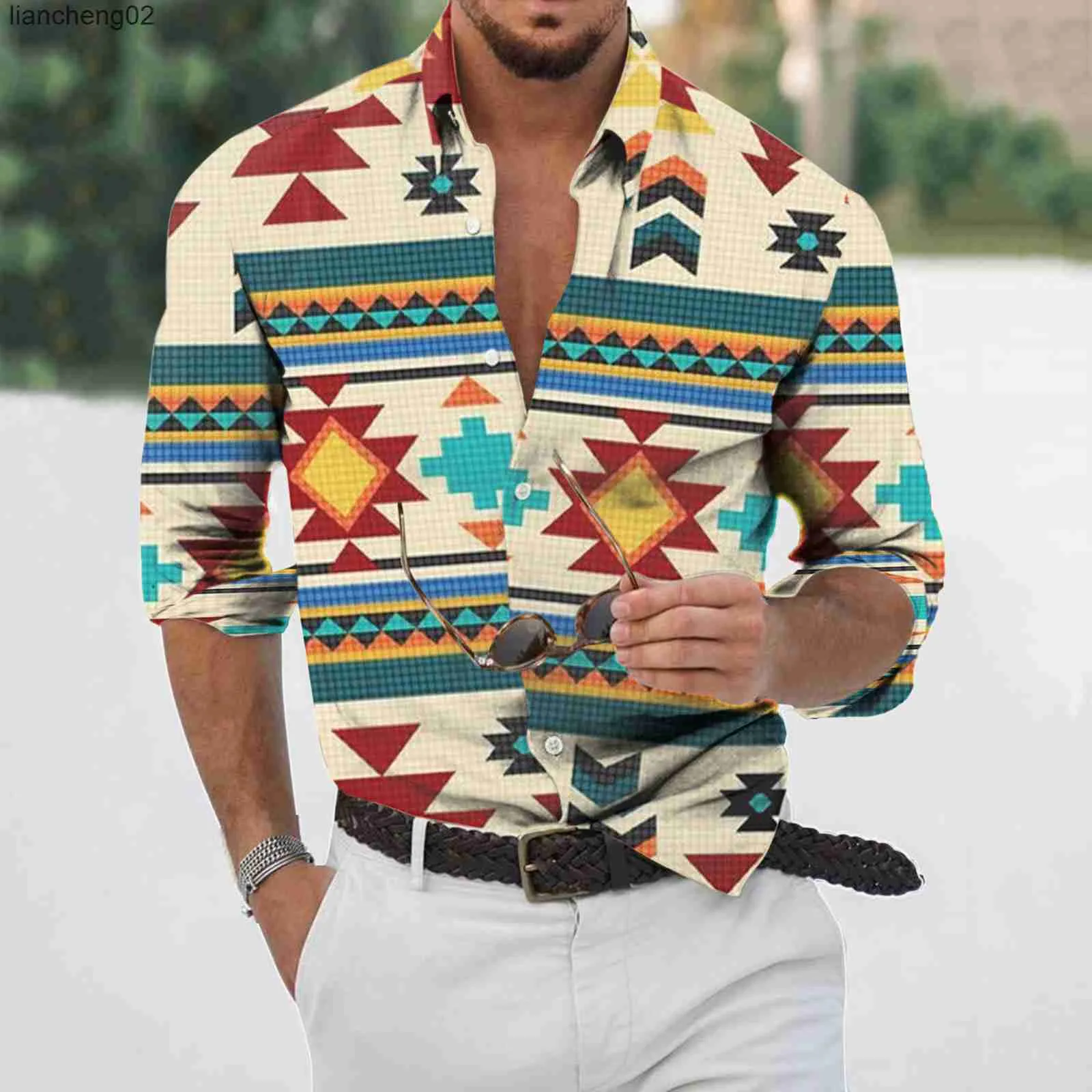 Мужские повседневные рубашки модные мужские рубашки Негабаритная повседневная рубашка этническая цветочная ацтек принт с длинным рукавом топы мужская одежда винтажные кардиганские блузки W0328