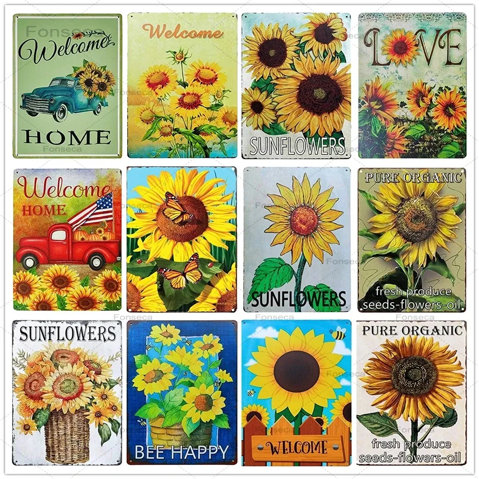 Rustic Sunflower Art Painting Signs Vintage Wall Metal Plates Home Garden Decoration Plate Farmhouse Bathroom Decor Country Wall Art Painting 30X20cm W03