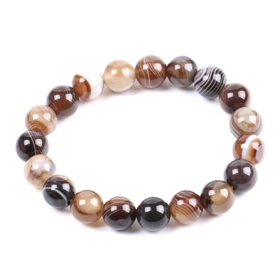 Beaded CSJA Natural Round Gem Stone Agates Onyx Men armband Bangle 10mm Brun Stripe Ethnic Rosary Energy Pärlor Bön Arvband F1 DHQ05