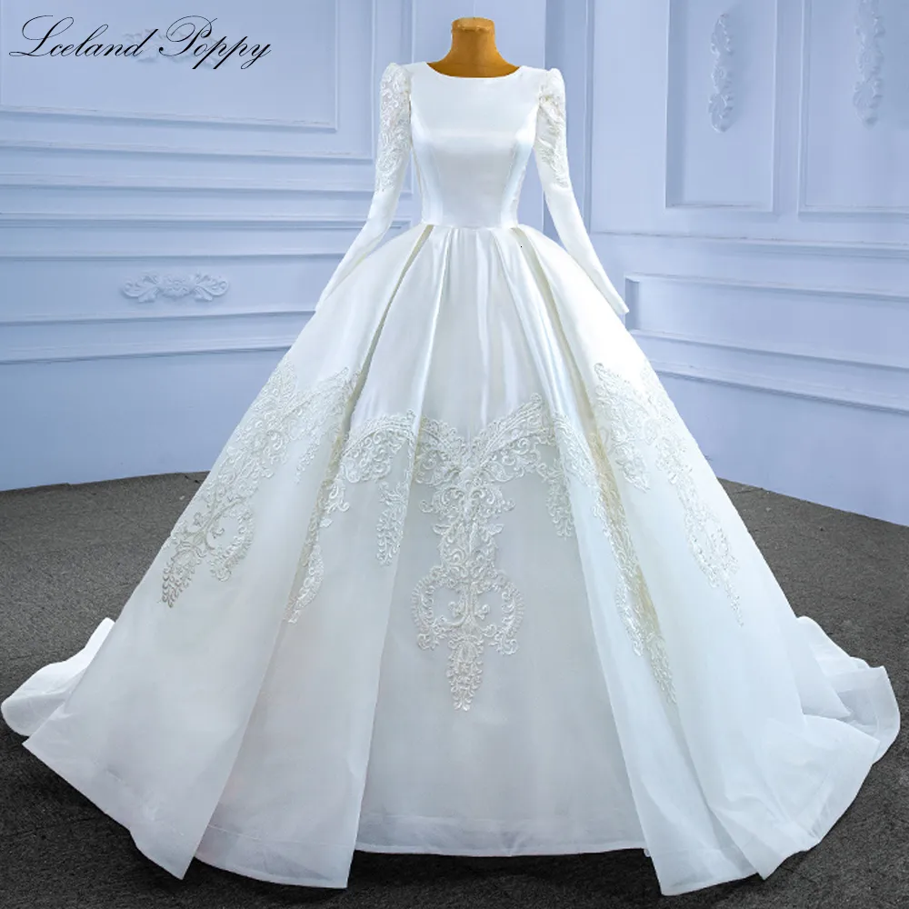 Partykleider Lceland Poppy Damen-Ballkleid aus Satin, Hochzeit, lange Ärmel, bodenlang, Spitzenapplikationen, Brautkleider mit Korsettrücken 230328