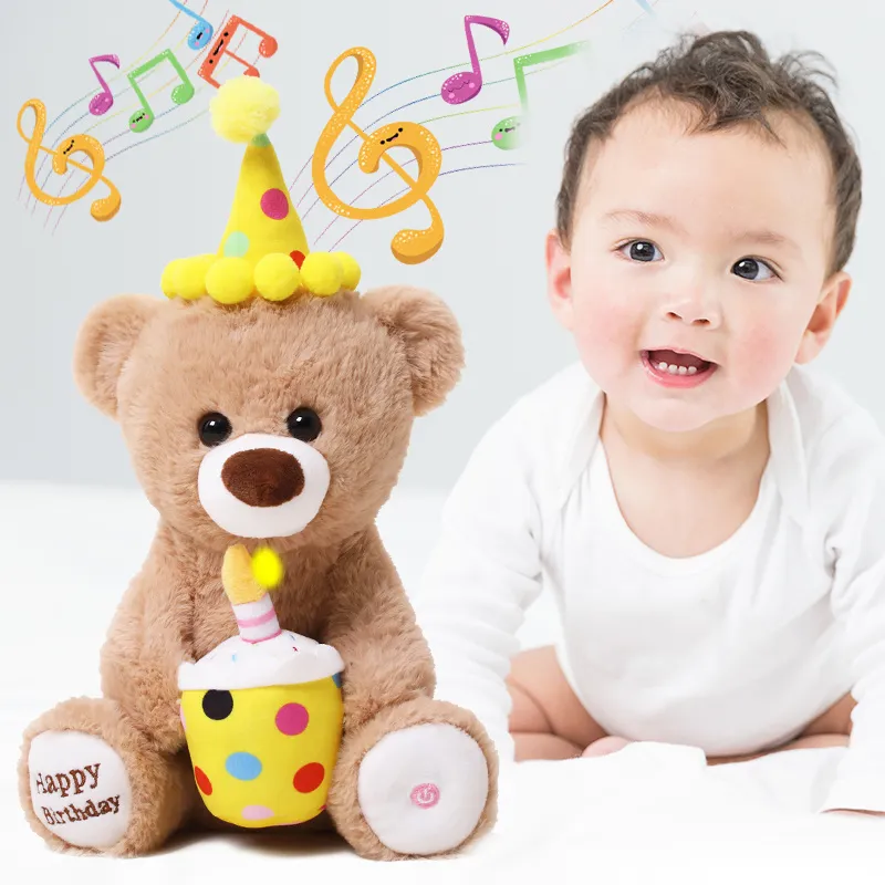 Mignon électrique chanter joyeux anniversaire ours en peluche en peluche chanter et souffler des bougies Electroni chien en peluche en peluche cadeau pour les enfants