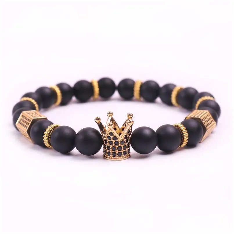 Beaded Black Zirconia Gold King Crown Charm Bracelet Men Dl Polish Matte Stone Bead Bracelets For Women Gift Drop Delivery 202 Rx