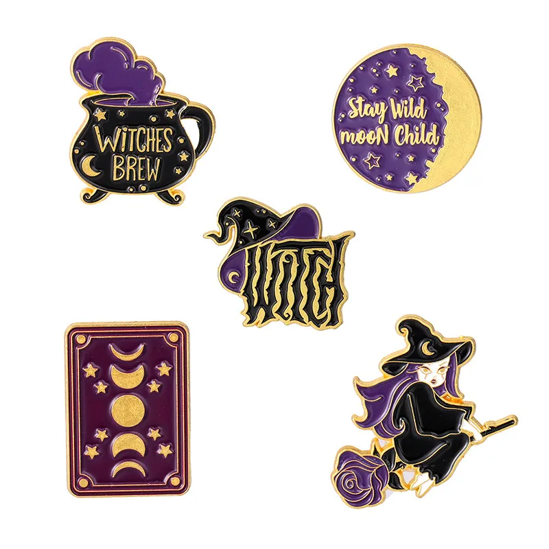 Cartoon Creative Magic Medicine Water Hat Brooches Set 5pcs Retro Punk Demon Girl Enamel Paint Badges for Boys Gold Plated Alloy Pin Fashion Jewelry Gift Accessories
