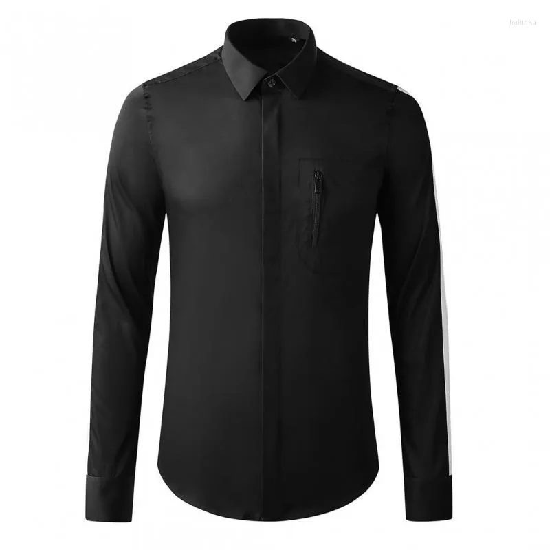 Chemises décontractées pour hommes Minglu noir blanc hommes luxe coton à manches longues robe de soirée poche poitrine mince mâle 3xl