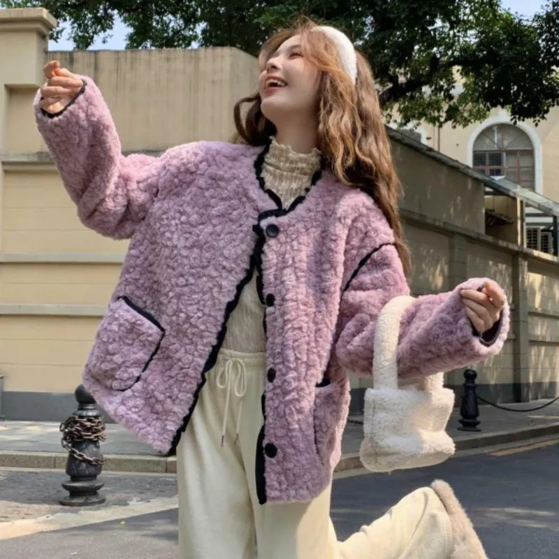 Kvinnorjackor Fashion Women's Clothing - Little Sweet Wind Light Purple Coat 2023 Autumn/Winter Thicking Thermal Long Sleeve Blause