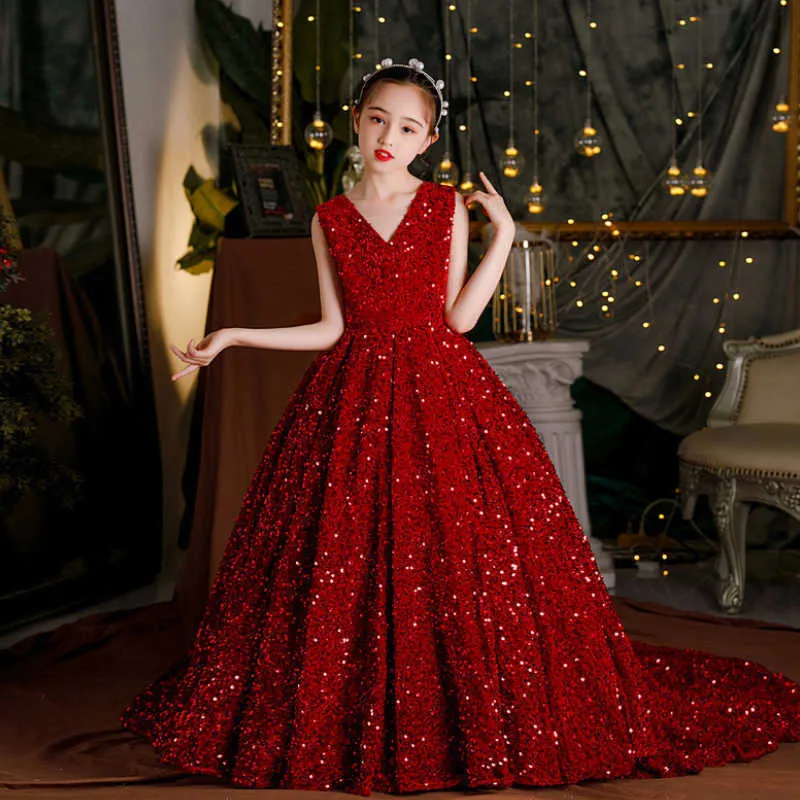 Robes de fille Vin rouge paillettes fleur fille Pageant robes de sirène longue gonflée bal formelle robe de fête d'anniversaire de luxe soirée brillante robe de bal