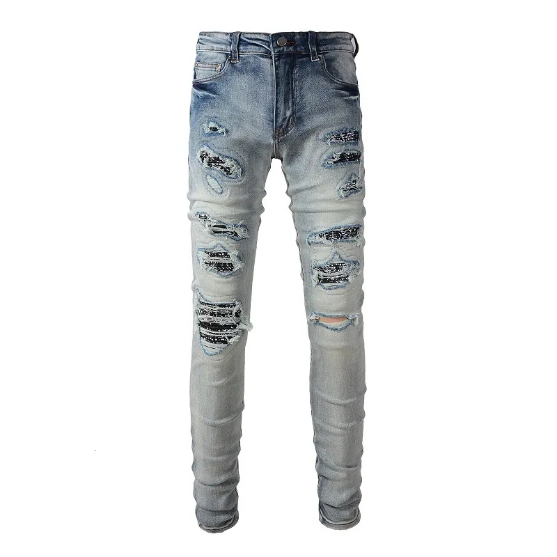 Pantalons pour hommes Hommes Bleu clair Steetwear Style Bandana Côtes Patchwork Skinny Stretch Trous Slim Fit High Street Distressed Ripped Jeans 230328