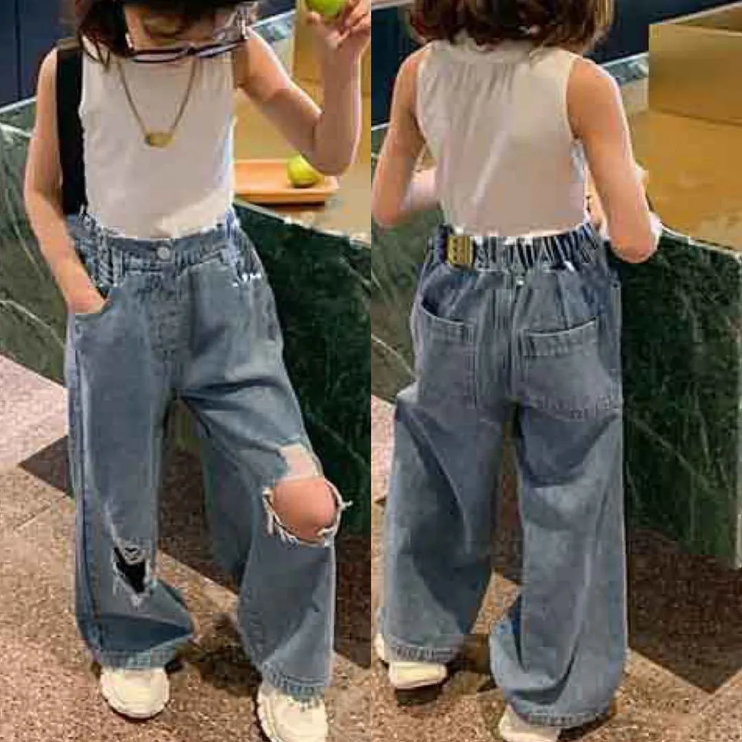 16095 Summer Kids Girls Jeans Personlighet Rippade breda benbyxor Barnflickor denim byxor byxor