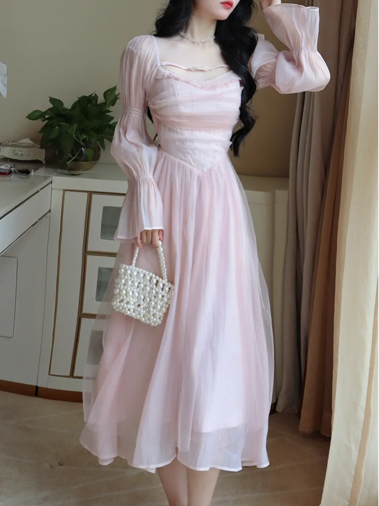 Casual Dresses Elegant Evening Party Midi Dress Women Bubble Sleeve French Vintage Sweet Dress Female Pink Korean Style Fairy Dress Autumn 230327