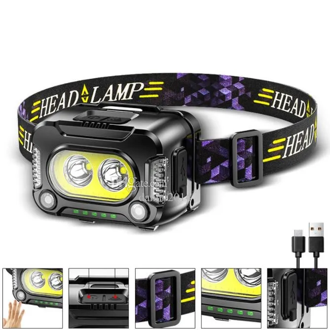 Mini Running Headlamp Indução de bateria embutida Cob LED faróis USB Lanterna de farol de farol USB Sensor de onda à prova d'água Luz da tocha