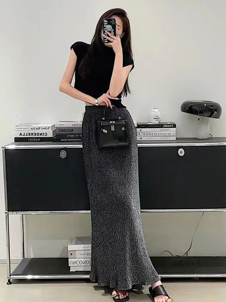 Skirts TIGENA Elegant Slim Pencil Maxi Skirt for Women Fashionable Shiny Trumpet High Waist Long Skirt Female Ladies Black 230327