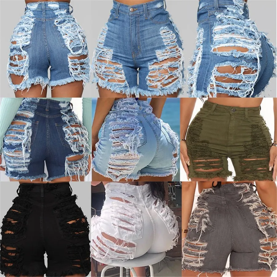 Bulk grossist rippad klippt ut denim shorts designer kvinnor sommarkläder casual hål jean shorts femme high street outfits 9595