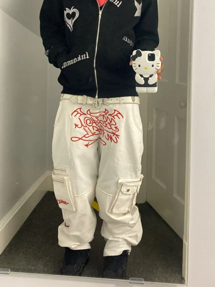 White Cotton Cargo Pants With Red Gothic Devil Print From Dou05