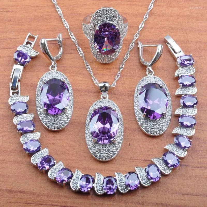 Naszyjne kolczyki Ustaw luksusowe biżuterię ślubną fioletowy kryształ dla kobiet srebrny kolor i pierścień wiszący bransoletki JS0288