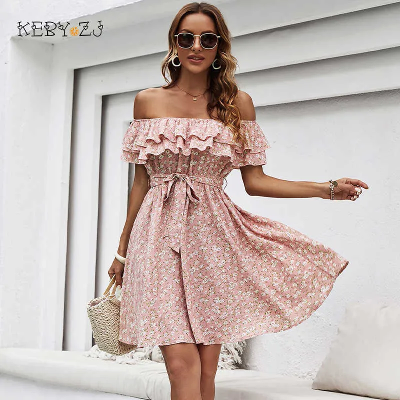 Casual Dresses Summer Women's Ruffle Off the Shoulder Elegant Pink Floral Print Female New Sweet Beachfashion Clothes 230316