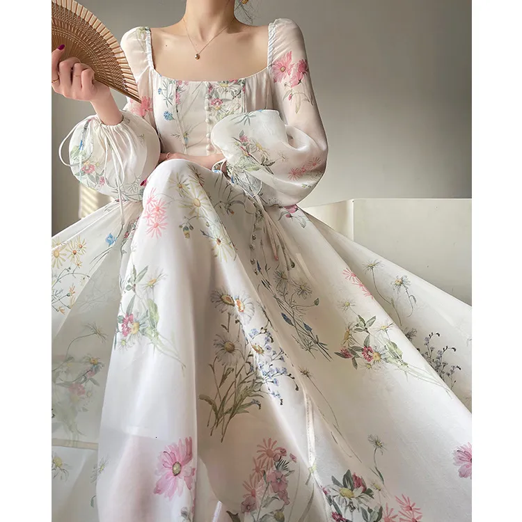 Casual Dresses Elegant Corset Dress Summer Women Square Neck Lantern Sleeve Chiffon Floral Print Long Maxi Dress Party Holiday Female Vestidos 230327