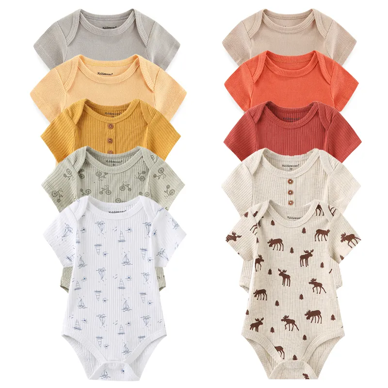 롬퍼 출생 Bodysuits Unisex 5Pieces 아기 소녀 옷 단위 색상면 아기 소년 옷 세트 만화 인쇄 여름 Bebes 230328