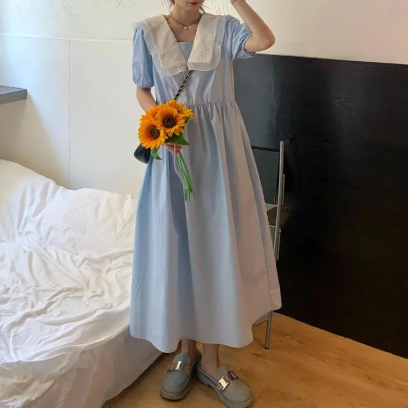 Maternity Dresses Summer Cotton Comfortable Temperament Dress Black Blue Turn-down Collar Puff Sleeve A-line Preppy Style