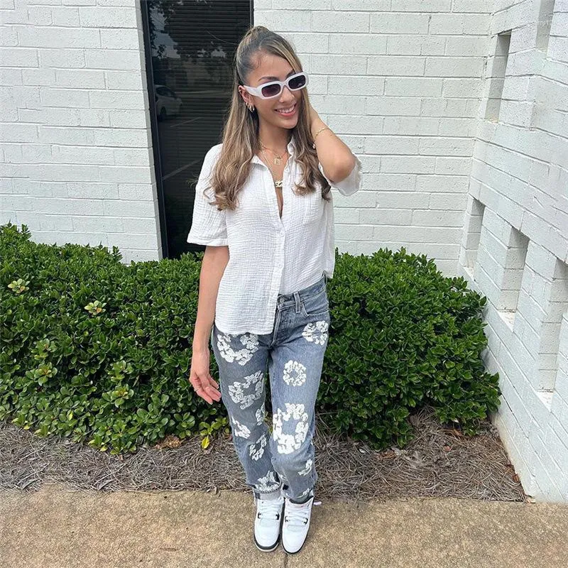 Y2K Flower Print Jeans - High Waisted Denim Pants, Vintage Y2K Flower Print Jeans - High Waisted Denim Pants, Vintage