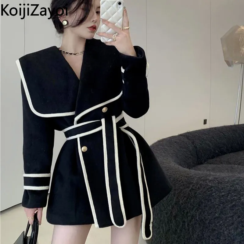 سترات نسائية Koijizayoi Jas Hujan Elegan Musim Dingin TeBal Hangat Mantel Panjang Mode Wanita Kantor Sabuk Korea Gelas Anggur Drop Pakaian 230328