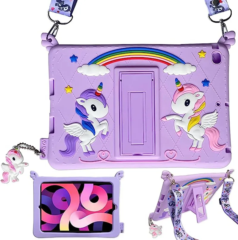 Custodia morbida per bambini in silicone per iPad 7th 8th 9th 10.2 Tablet Cover 360 girevole Stand Fashion Purple Unicorn Custodia protettiva per IPad Air 2 3 4 5 10.9 Mini 6 Pro 9.7 11 con cinturino