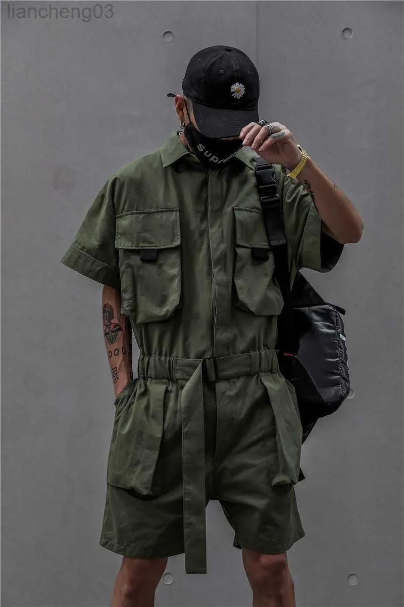 Erkeklerin izleri houzhou Techwear erkekler için kısa tulumlar siyah bodysuits tulumlar erkekler yeşil erkek japon sokak giysisi yaz cepleri hip hop w0328