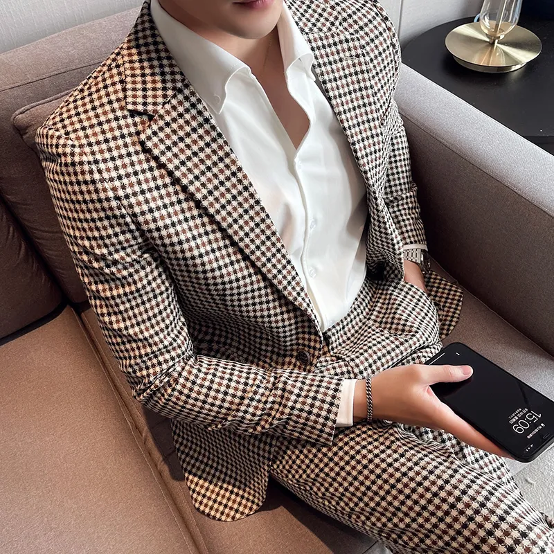 Herrdräkter Blazers Jacketpants Luxury Houndstooth Mens Suits 2 Pieces Wedding Tuxedos Vintage Slim Fit Formal Man Set Groom Prom Business Suits 230328