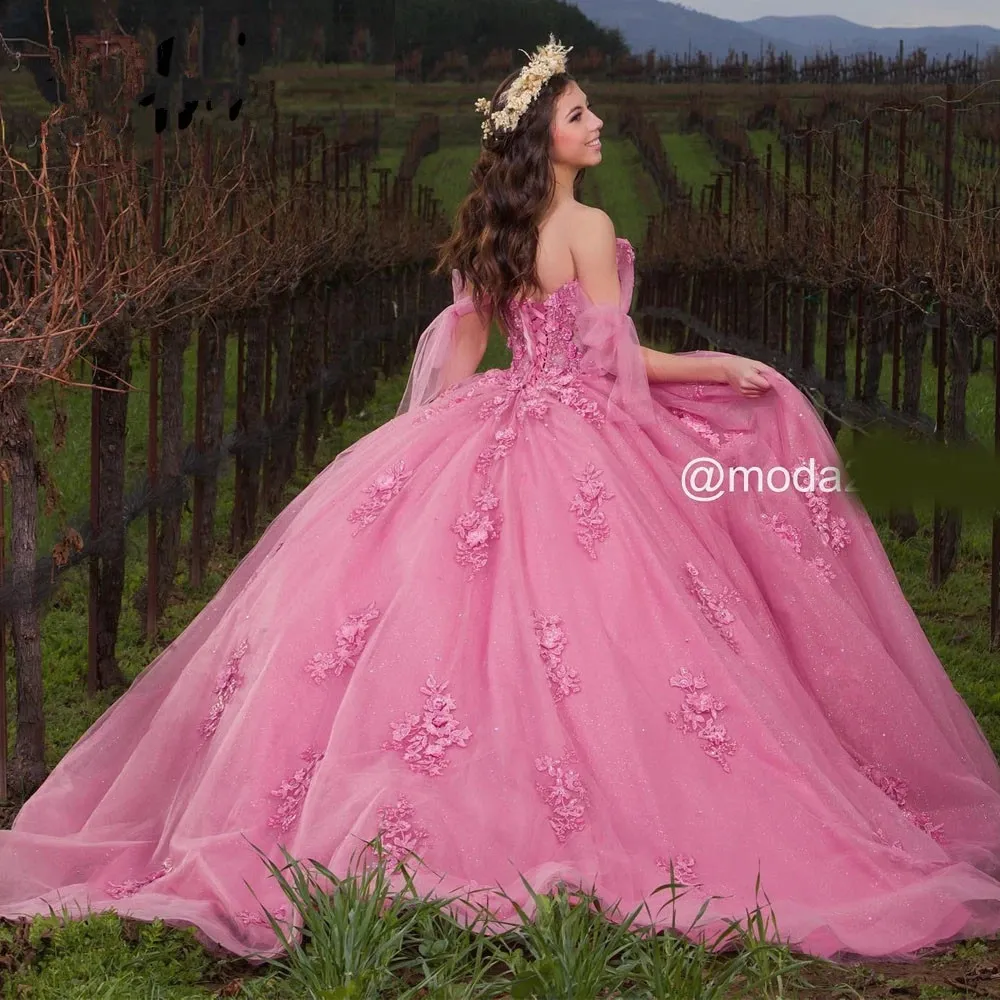 Fuchsia Pink Prom Dress with Puff Sleeves - PromGirl