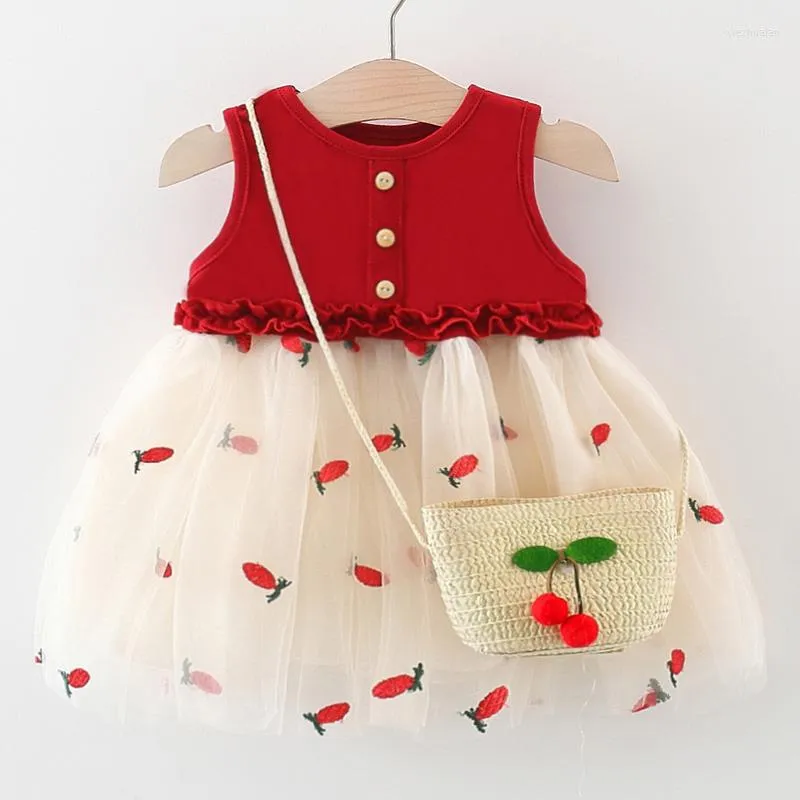 Mädchen Kleider 2 Stück 2023 Baby Sommer Kleidung Kinder Koreanische Nette Kirsche Mesh Ärmellose Kleinkind Kleid Tasche Outfits Set BC336