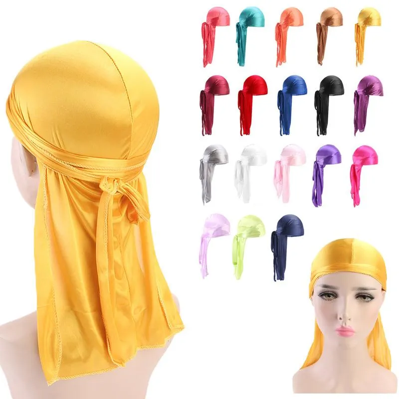 2019 New Silky Long Tail Scarf Cap Mens Satin Durags Bandanna Turban Wigs Men Silky Durag Headwear Pirate Hat Hair Accessories