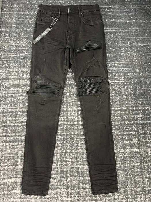 Pantalon pour hommes Jeans noir Patchwork Patch en cuir déchiré hommes 230328