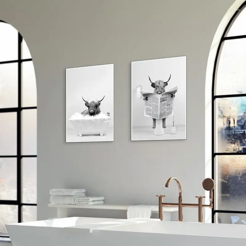 Ensemble d'accessoires de bain Highland vache peinture décor tenture murale toile photo salle de bain ornement maison photos drôle animaux peintures pour murs