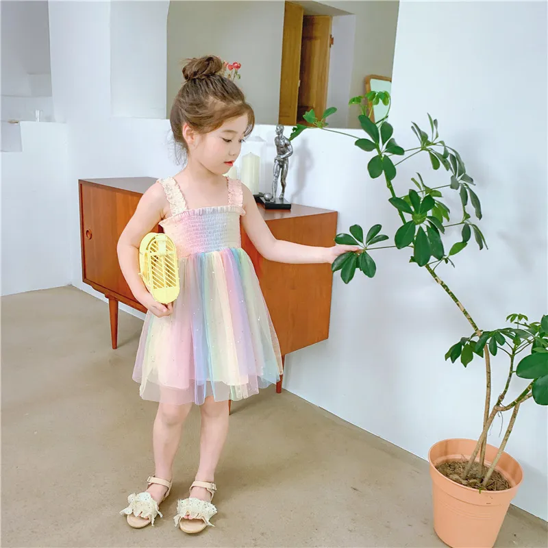 16097 Summer Kids Girls Rainbow Pleated Lace Suspender Skirt Dress Baby Children Girl Princess Casual Dresses
