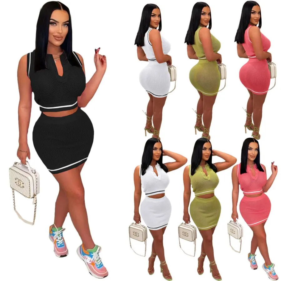 Wholesale Women Knit Crochet Two Pieces Dress Sets Polo Collar V Neck Crop Tank Tops Mini Skirts Luxury Outfits Skirt 9597