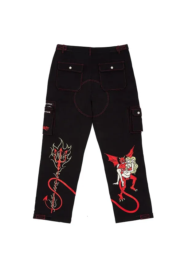 White Cotton Cargo Pants With Red Gothic Devil Print From Dou05