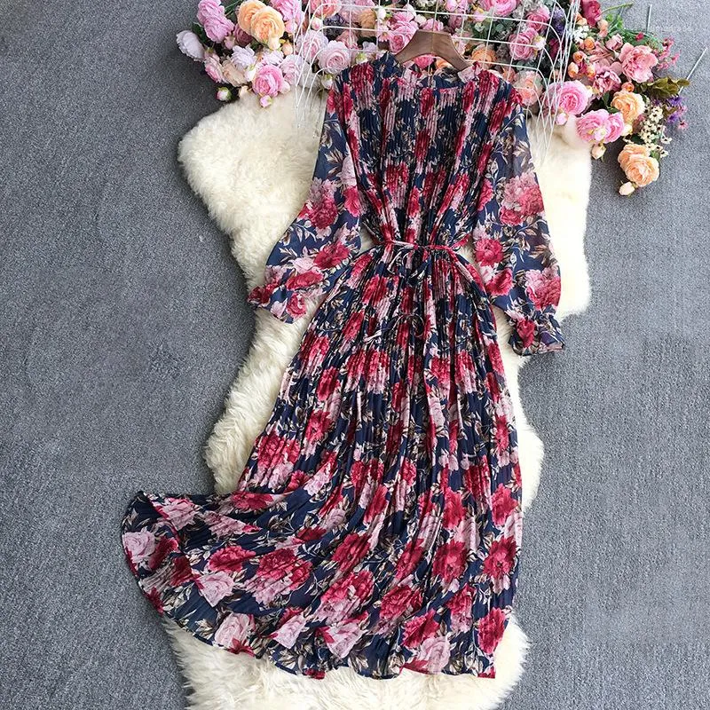 Casual Dresses 2023 Spring Long Length Floral Dress Women Korean Style Full Sleeve Chiffon Ladies Elegant Pleated Female