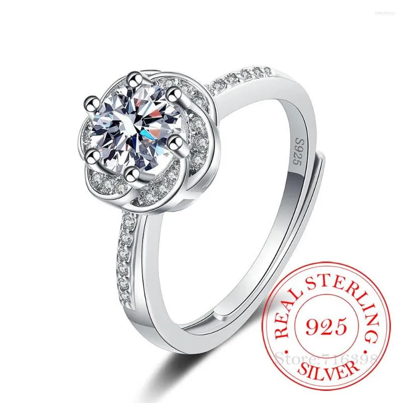 Anelli a grappolo in argento sterling 925 con sei zirconi Anello da dito con fiore Gioielli classici per le donne Ragazze Festa di nozze Natale Bague Femme