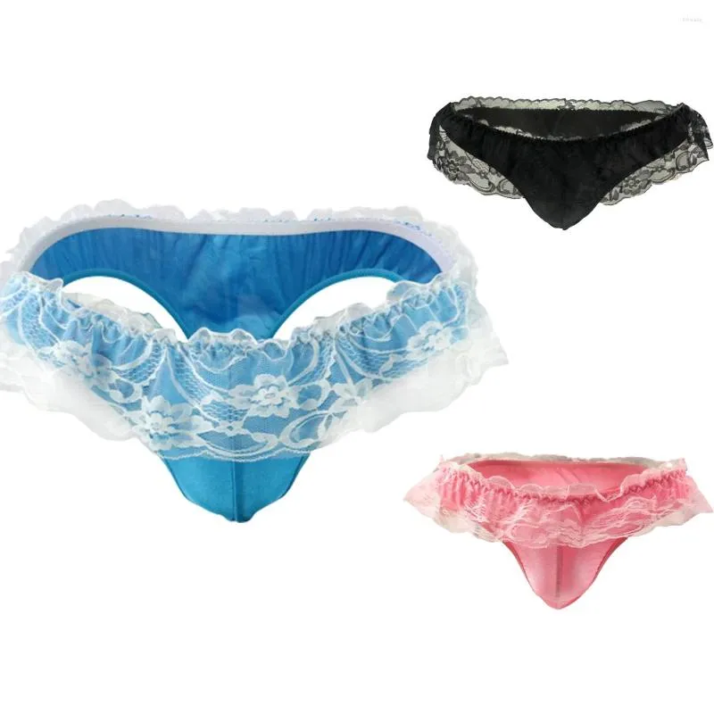 Sous-caisse sexy dentelle de dentelle Breif Low taille T-back g g-string string mâle respirant brèche érotique pochette hommes maille sous-vêtements tanga