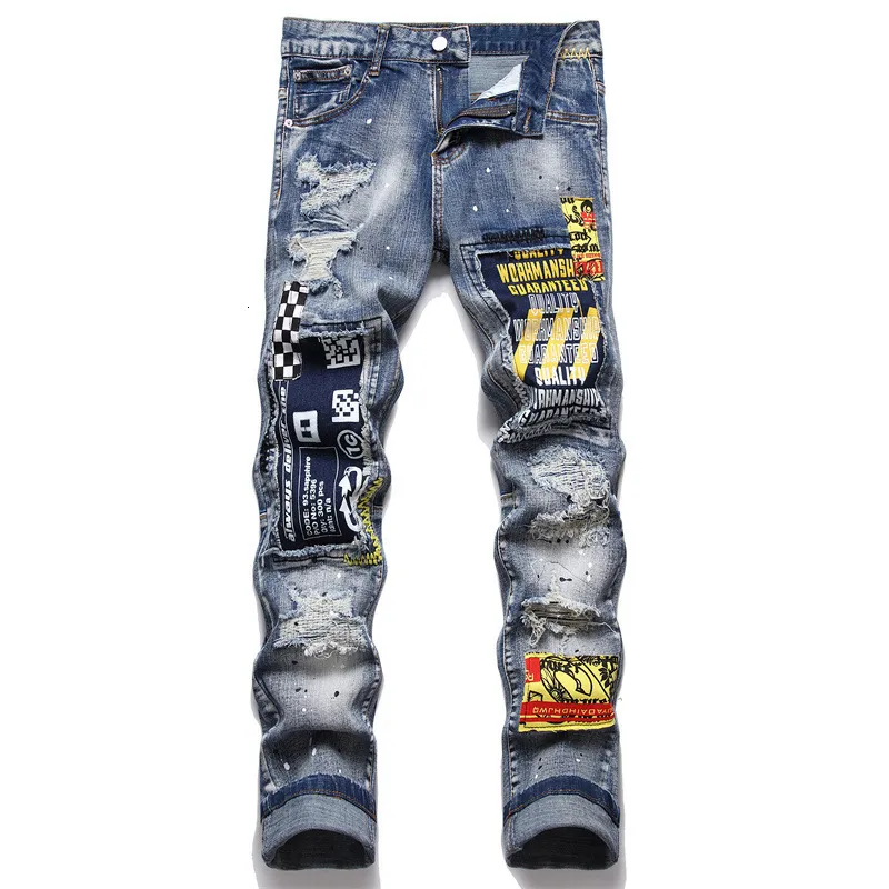 Herrbyxor mode jeans streetwear calca rock motorcykel tryckt broderi herrar smala borste lapptäcke denimfärgning byxor 230328