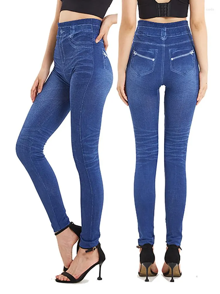 Leggings femininas Cuhakci zíper elástico imprimir jeans falsos calças mulheres calças de jeans de cintura alta casual