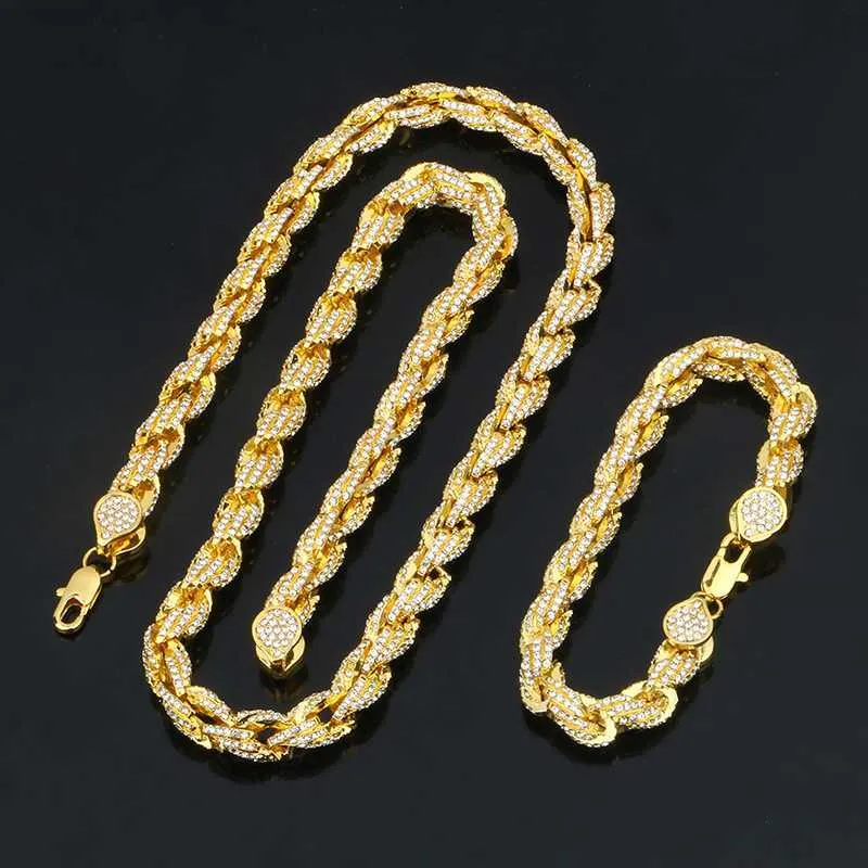 Fancy Design 9mm Iced Out 18K Gold Plated Mässing Full AAAAA Cubic Zircon Rope Chain Halsband för män kvinnor