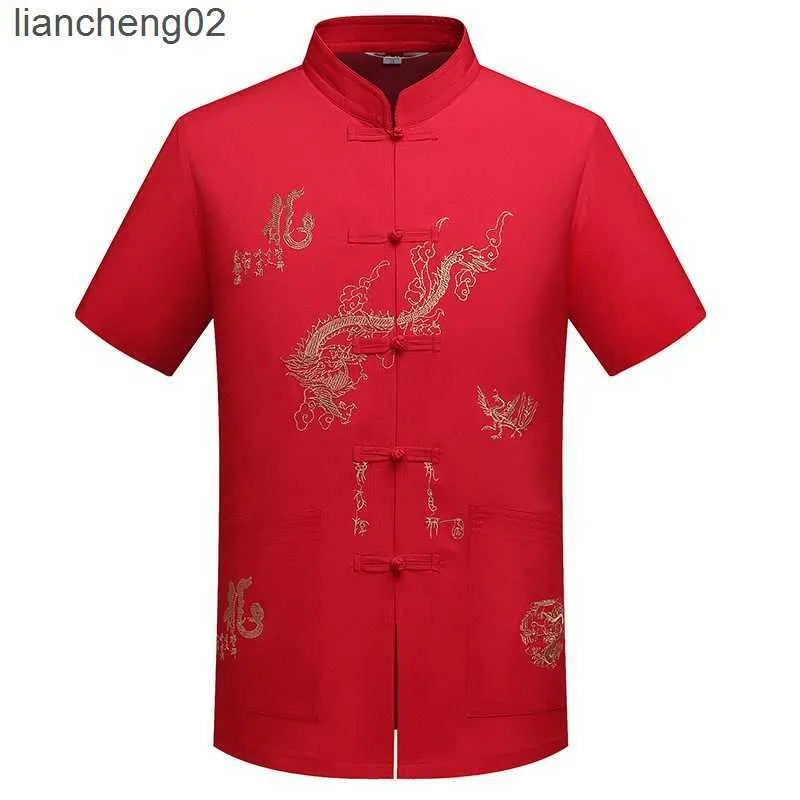 Chemises décontractées pour hommes chinois traditionnel Tang vêtements haut col mandarin Kung Fu Wing Chun vêtement haut à manches courtes broderie Dragon chemise M-XXXL W0328