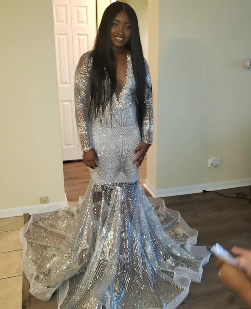 Sparkly Pailles Silver Prom -jurk voor zwarte meid Mermaid plus size size avondjurk sexy v nek lange mouw formeel feest verjaardag speciale gelegenheid vestios jurken 2023