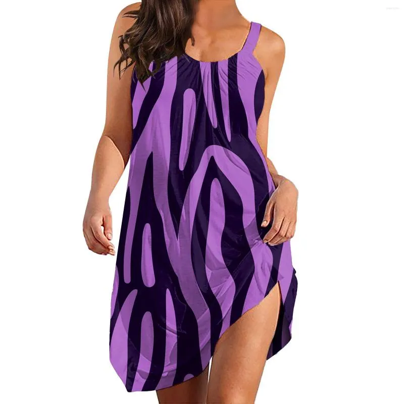 Casual Dresses Womens Summer Mini Dress Sexig ärmlös Leopardtryck Swing Beach Sun Loose O-Neck kjol