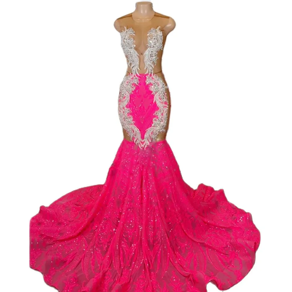 Sexy Hot Pink Evening Dresses Cut Out Sequin Prom Gowns 2022 Beaded Appliques Top Black Girls Long Cocktail Dress