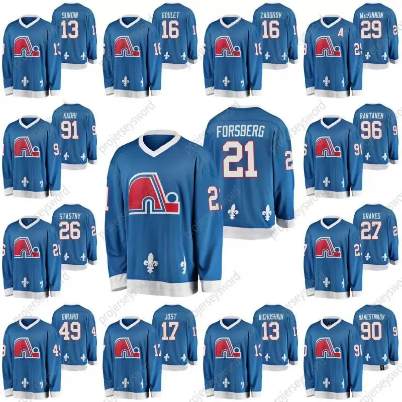 Niestandardowy hokej Quebec Norordiques Peter Forsberg Vintage Heritage Jersey Nikita Zadorov Samuel Girard Mikko Rantanen Peter Stastny Nazem Kadri