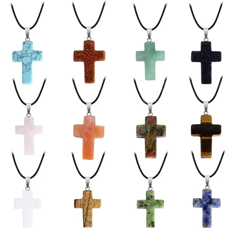 Natürliche Stein Anhänger Halskette Frauen Männer Rosa Kristall Tigerauge Stein Jesus Kreuz Halskette Für Frauen Spirituellen Schmuck