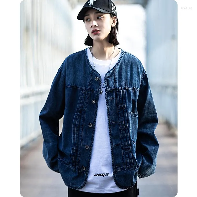 Herrjackor unisex japansk vintage kragefri denim tvättrock vårpar par tunna toppen herrkläder harajuku high street överdimensionera