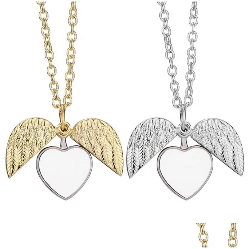 Sublimation Blanks Necklace Pendant Heart Angel Wings Jewelry Blank Necklaces With Chain Sier Gold For Thermal H Dhooj