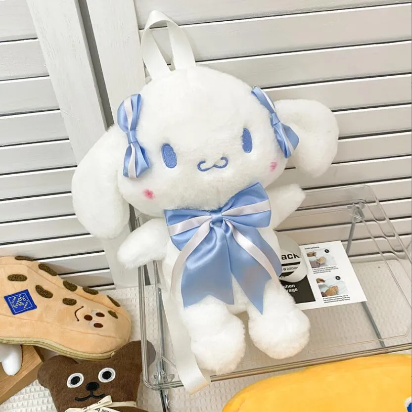 Kawaii Blue White Big Ear Plush Backpack with Bow Girl Cute Soft Accessories Zipper Bag Girls Birthday Gift